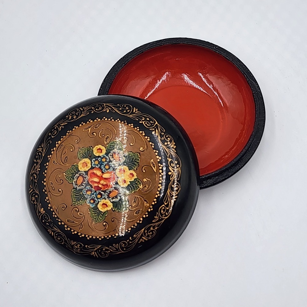 Vintage Russian Lacquer Floral Trinket Box Hand Painted Folk Art Round 3" Vanity